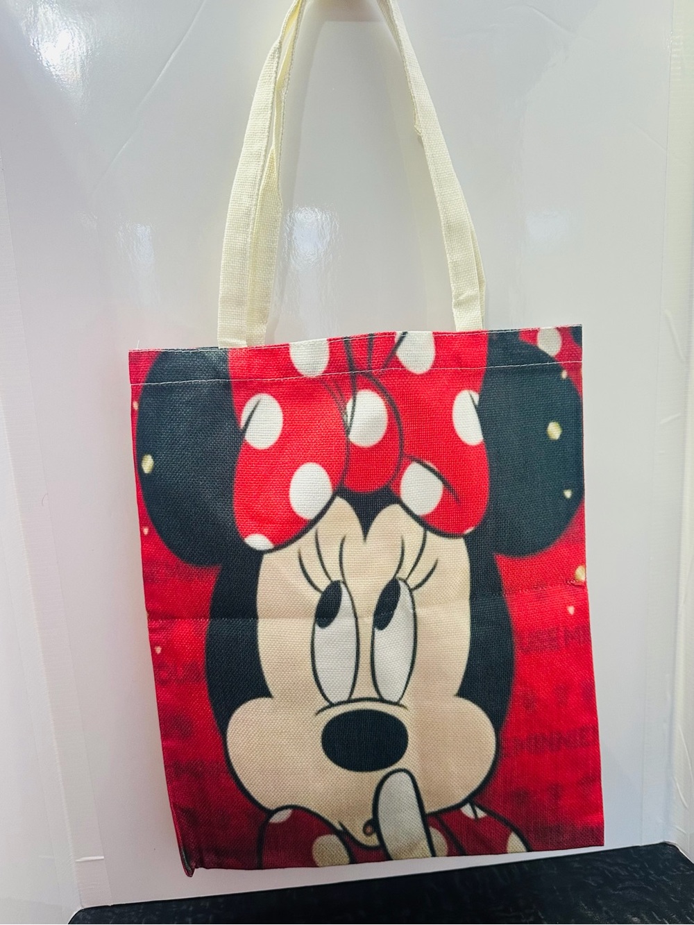 Red Minnie Mouse Canvas Tote Bag with Cream Handles